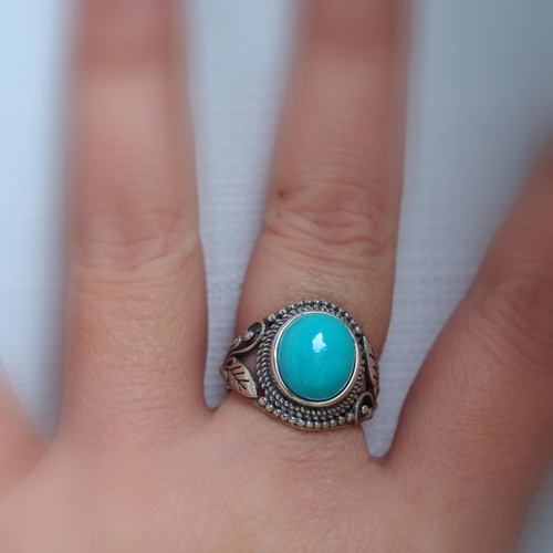 再販 キングマンターコイズ12 S925アンティークデザインリング