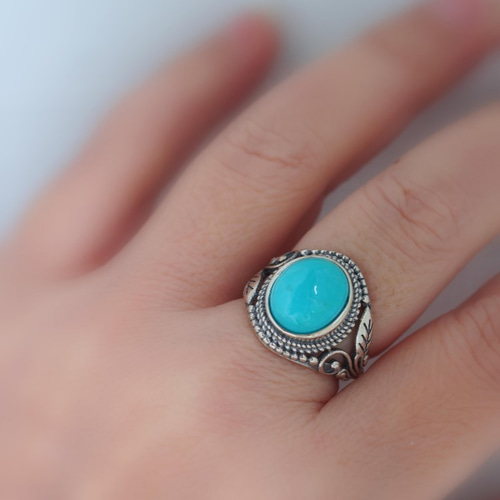 再販 キングマンターコイズ12 S925アンティークデザインリング