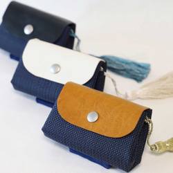 大島紬と革でつくるちいさな財布　（フラップ白1） 3枚目の画像