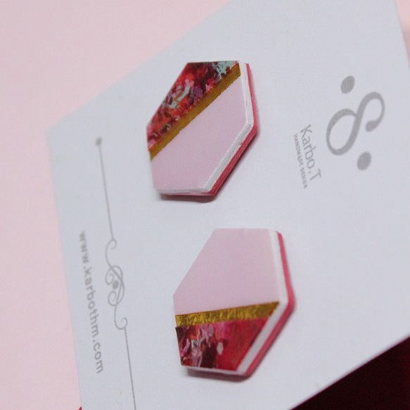 六角形拼色日韓款式手工紙製耳環 [HE017] 第3張的照片