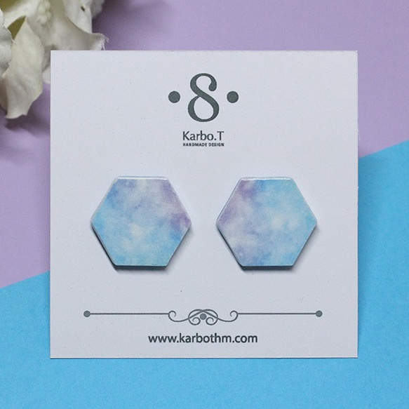 六角形配色水彩紋日韓款式手工紙製耳環 [HE001bu] 第2張的照片