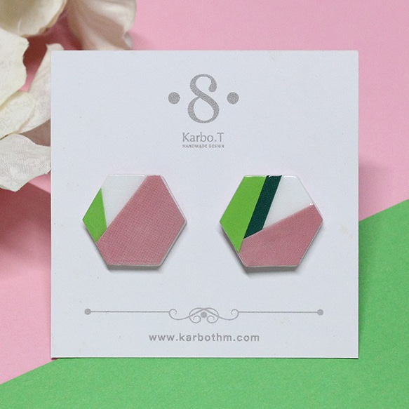 六角形配色日韓款式手工紙製耳環 [HE016] 第2張的照片