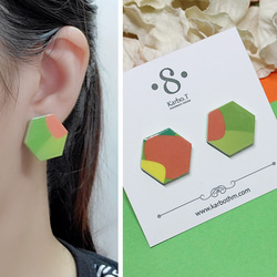 [HE004] 六角形拼色日韓款式手工紙製耳針式耳環 第1張的照片
