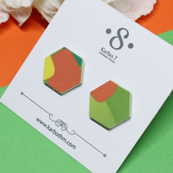 [HE004]和柄と韓国風の六角形の色合い和紙の耳飾りピアス 3枚目の画像