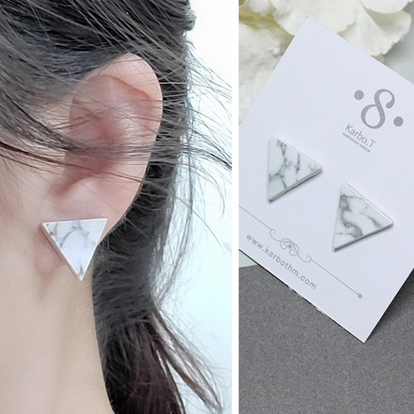 [TE01] 三角形大理石紋款式耳針式耳環 第7張的照片