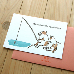 活版グリーティングカード　猫たちが釣り 1枚目の画像