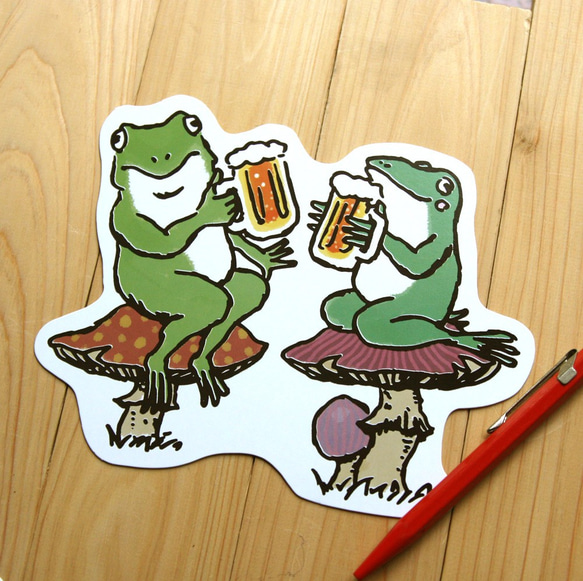 変形ポストカード（ダイカット）カエルがビールで乾杯　 2枚目の画像