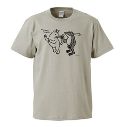 猫とカエルのTシャツ「しっぽ」（ベージュグレー）男女兼用【受注生産】 2枚目の画像