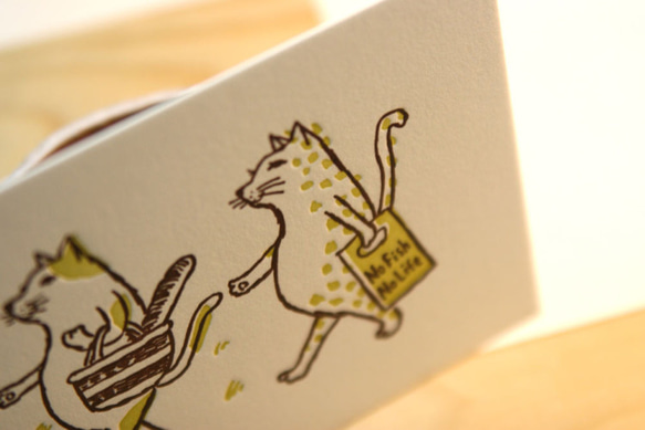 活版グリーティングカード　猫が買い物（マスタード）2枚セット 2枚目の画像