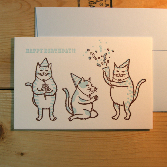 活版グリーティングカード　猫がハッピーバースディ（ブルー）2枚セット 2枚目の画像