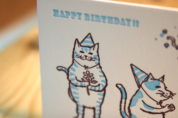 活版グリーティングカード　猫がハッピーバースディ（ブルー）2枚セット 5枚目の画像