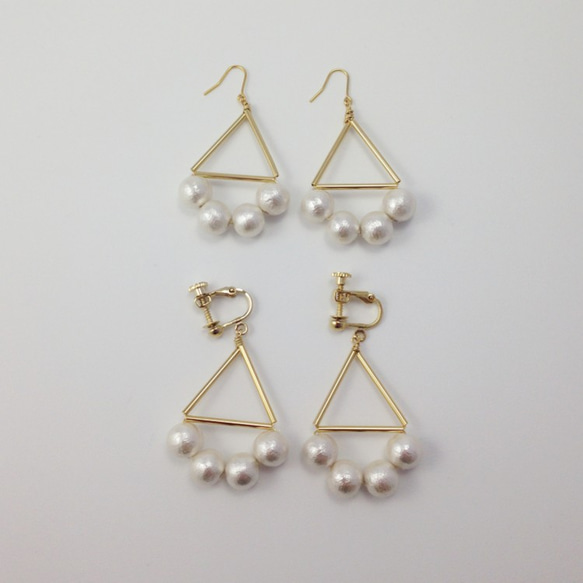 Triangle and Cotton Pearl Pierced Earrigns 第2張的照片