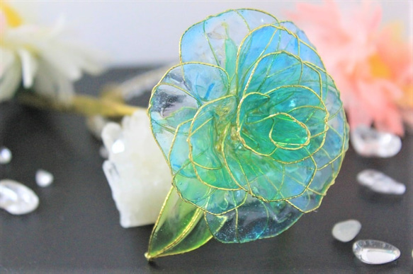 ステンドグラス風の薔薇の簪（ブルーグリーン 2枚目の画像