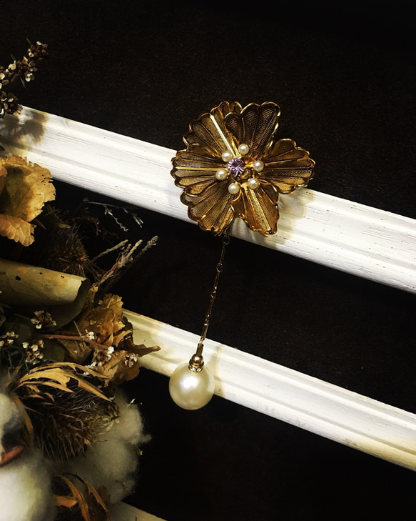 Tentez Bijoiterieアンティークの宝石店ルー空の金属メッシュの花誇張真珠のイヤリング 4枚目の画像