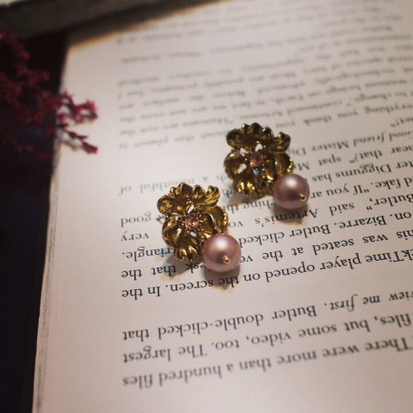 牡丹花開 立體花朵粉橘水晶珍珠耳環 針式 夾式 第1張的照片