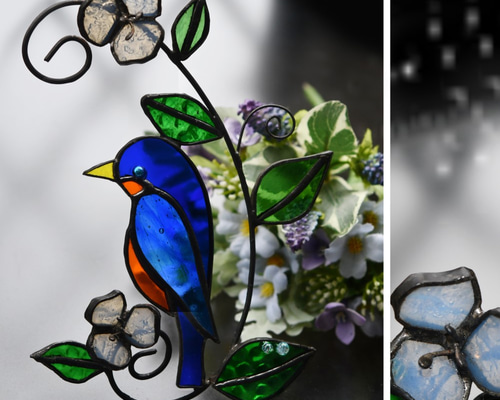 新品 花鳥・アメリカムシクイ スミレ サクラソウ カナダ・ステンドグラス社 野鳥の楽園ランプ－ステンドグラス花鳥輪舞