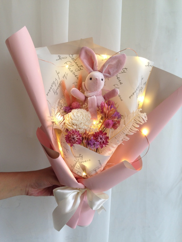 乾燥した花の綿毛の淡いピンクのウサギロマンチックなバレンタインデーの誕生日の贈り物| [韓国]バレンタインデーはスターウサギの花 2枚目の画像