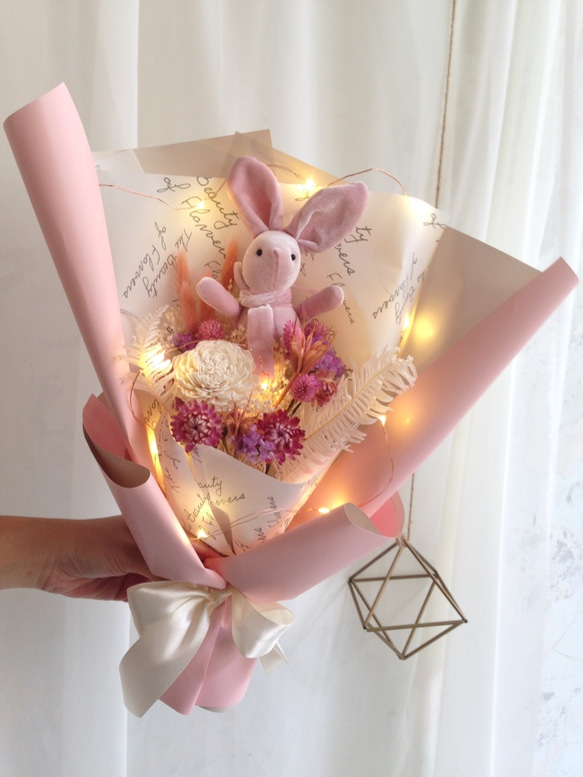 乾燥した花の綿毛の淡いピンクのウサギロマンチックなバレンタインデーの誕生日の贈り物| [韓国]バレンタインデーはスターウサギの花 3枚目の画像