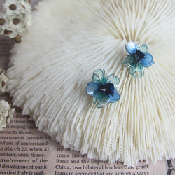 グラデーションブルーのアジサイの花のイヤリング手作りの樹脂の耳ピアスイヤークリップ 4枚目の画像