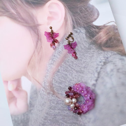 Spring Dream 紫藤 Demiparure 胸針&amp;耳環/穿孔套裝 *紫藤花花環優雅精緻紫色 第9張的照片
