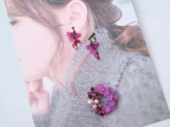 Spring Dream 紫藤 Demiparure 胸針&amp;耳環/穿孔套裝 *紫藤花花環優雅精緻紫色 第9張的照片