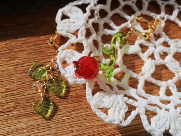 嚮往的玫瑰（紅）*耳環，非穿孔耳環，樹脂耳環，玻璃，透明，玫瑰，花朵，花朵，紅色 第8張的照片