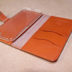 iPhone8,SE2.3用 全機種製作可手帳型スマホケース栃木レザー社製牛革オレンジ 総手縫い製作 1枚目の画像