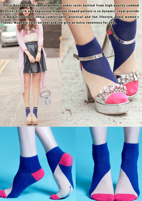棉襪－女生襪子－簡約襪子－藍色粉紅短襪 第4張的照片