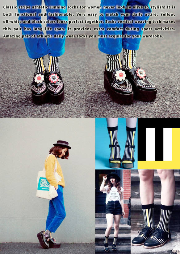 ソックス - 靴下の女の子 - シンプルなソックス - 黄、黒の靴下 5枚目の画像