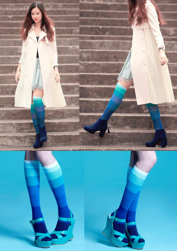 棉襪－女生襪子－簡約襪子－中筒藍色長襪 第2張的照片