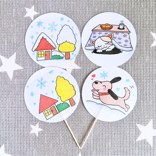 丸画用紙素材》ゆきやこんこペープサートパネルシアター素材4枚セット 