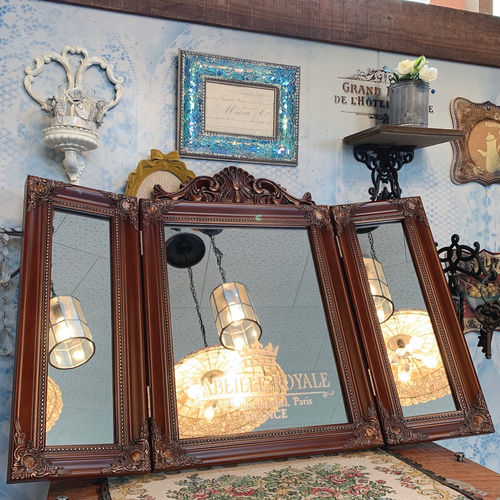 antique style/ 折畳み式 三面鏡 （ブラウン） シャビーシックな女優