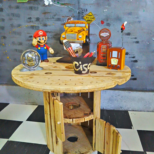 インダストリアル/ 2段式収納扉付き/ ケーブルドラム テーブル type.a