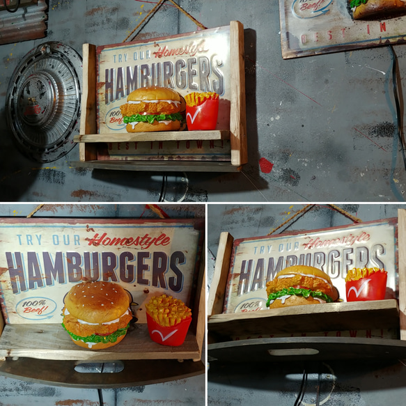 アメリカンダイナー Style/ BURGERS（ハンバーガー） シャビー ヴィンテージ ボード/ ウォールシェルフ型 5枚目の画像