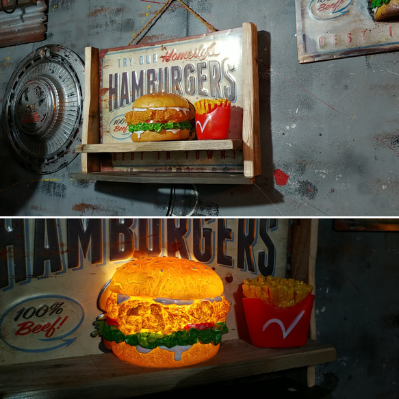 アメリカンダイナー Style/ BURGERS（ハンバーガー） シャビー ヴィンテージ ボード/ ウォールシェルフ型 6枚目の画像
