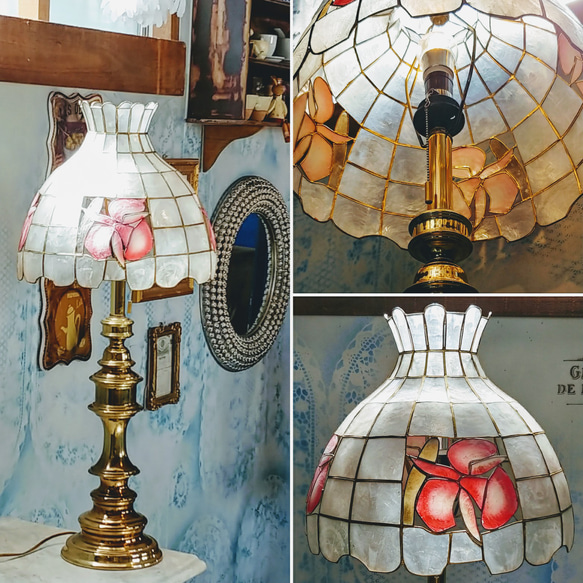 アメリカン アンティーク/
花柄 カピス貝 ステンド /
スタンドランプ/　
Antique  Lamp/
店舗什器 1枚目の画像