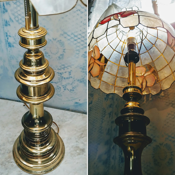 アメリカン アンティーク/
花柄 カピス貝 ステンド /
スタンドランプ/　
Antique  Lamp/
店舗什器 3枚目の画像