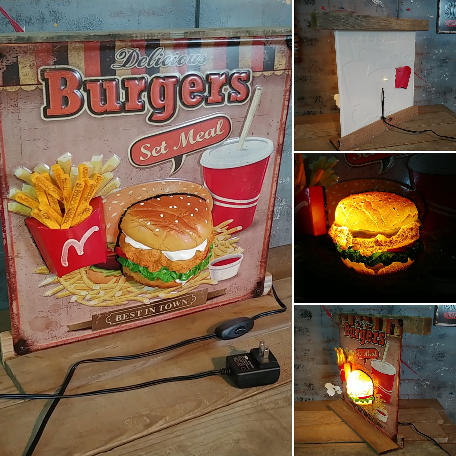 ビンテージ木製看板HAMBURGER検）シャビーアンティークハンバーガーUSA