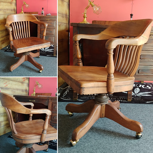 AMERICAN VINTAGE/ キャスター付き ウッドチェア/ 回転 & 後方傾き