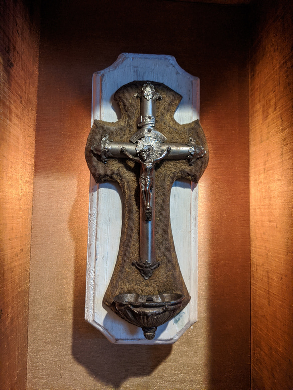 フランスアンティーク/ 1930's ブロカント クロス/ オールド ヴッドボックス（電飾灯付き） イエス・キリスト 2枚目の画像
