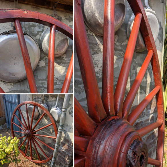 Antique商材/ シャビー ブロカント マテリアル/ ガーデンオーナメント（直径 1m馬車の車輪①） （大八車 鉄輪 6枚目の画像