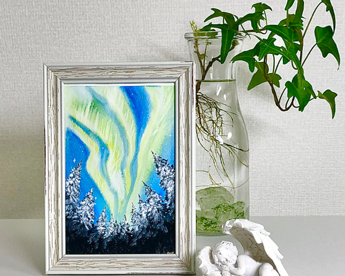 額付き水彩画【オーロラ降る森】 絵画 Yuriart 通販 9151193