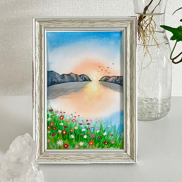 ハガキsize 手描きミニ水彩画【コスモス畑に沈む夕陽】原画