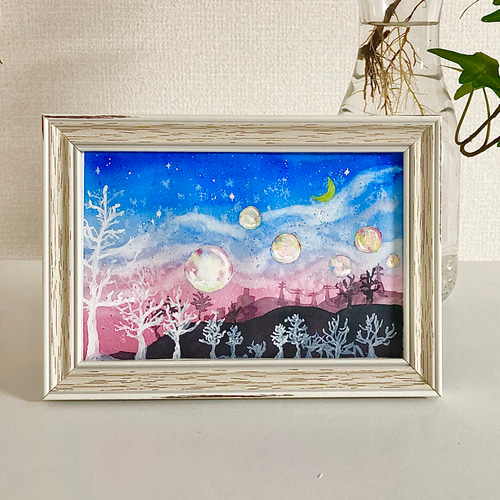 コスモス01」透明水彩画 原画 風景画 額縁付 ハガキサイズ 絵画