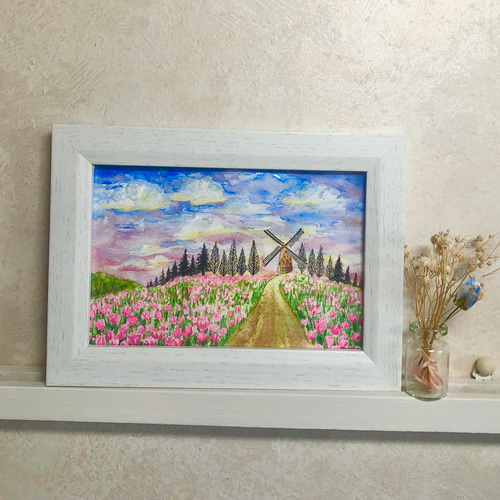 ハガキsize 水彩画【チューリップ畑】額付 原画 絵画 Yuriart
