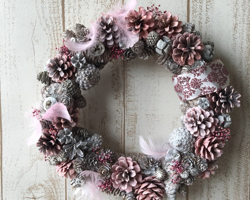 大人かわいい ピンクとホワイトのクリスマスリース 01 ドライフラワー