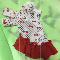 真っ赤なフリルの袖付きワンピ 犬服 フルオーダー 1枚目の画像