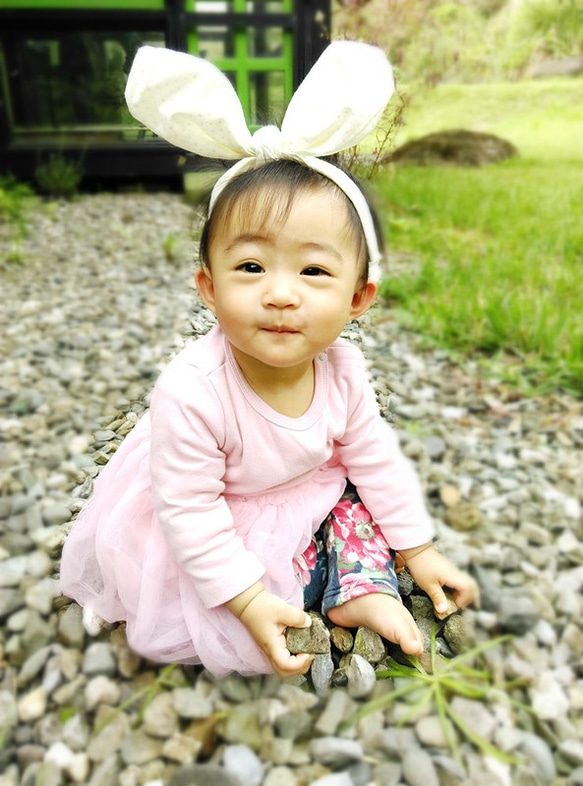 氣質米白小波兔耳髮帶/寶寶髮帶/寶寶髮飾 第1張的照片