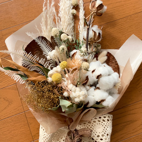 ドライフラワー✩.*˚ふわふわモコモコ コットンのブーケ＆スワッグw  