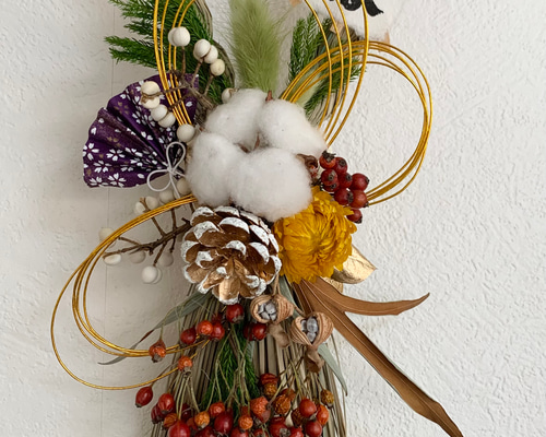 ドライフラワー✩.*˚正月のしめ縄飾り コットンと野ばらの実 しめ縄